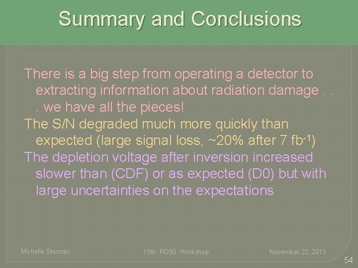 Summary and Conclusions There is a big step from operating a detector to extracting Summary and Conclusions There is a big step from operating a detector to extracting