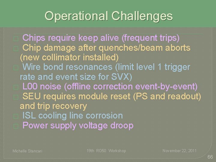Operational Challenges Chips require keep alive (frequent trips) � Chip damage after quenches/beam aborts Operational Challenges Chips require keep alive (frequent trips) � Chip damage after quenches/beam aborts
