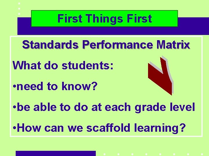 First Things First Standards Performance Matrix What do students: • need to know? •
