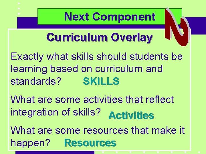 Next Component Curriculum Overlay Exactly what skills should students be learning based on curriculum