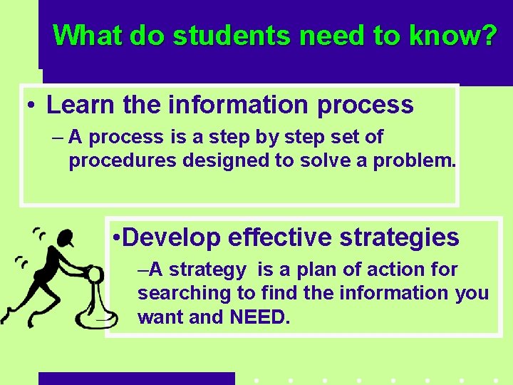 What do students need to know? • Learn the information process – A process