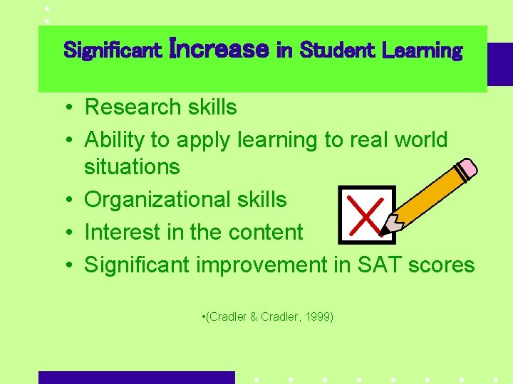 Significant Increase in Student Learning Teacher’s Report • Research skills • Ability to apply