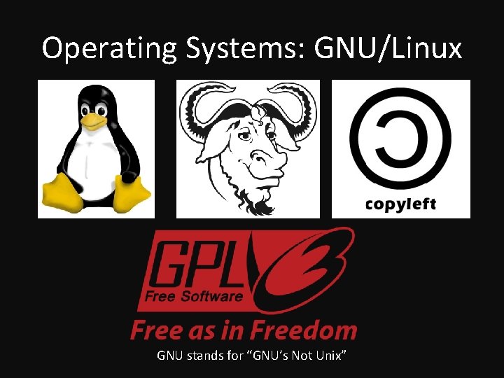 Operating Systems: GNU/Linux GNU stands for “GNU’s Not Unix” 