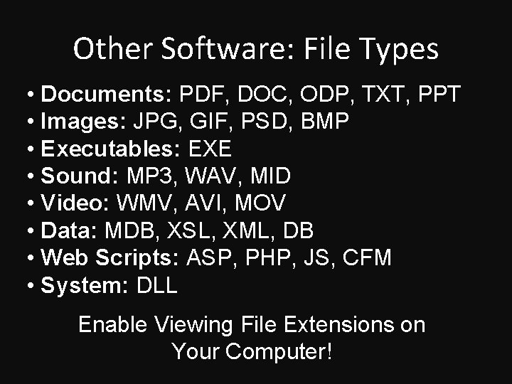 Other Software: File Types • Documents: PDF, DOC, ODP, TXT, PPT • Images: JPG,