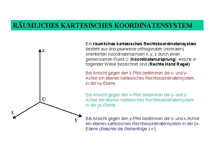 RÄUMLICHES KARTESISCHES KOORDINATENSYSTEM Ein räumliches kartesisches Rechtskoordinatensystem besteht aus drei paarweise orthogonalen (normalen) orientierten