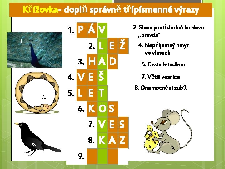 Křížovka- doplň správně třípísmenné výrazy 1. 1. 4. 3. 6. 5. P ÁV 2.