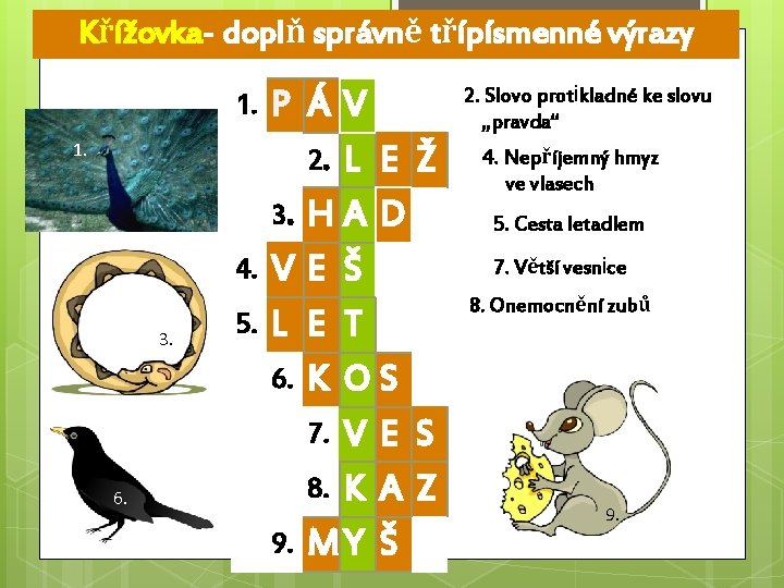 Křížovka- doplň správně třípísmenné výrazy 1. 1. 4. 3. 6. 5. P ÁV 2.