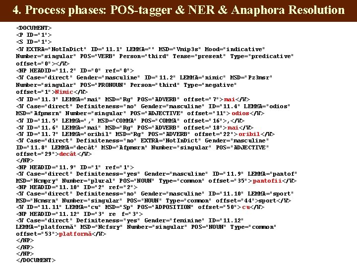 4. Process phases: POS-tagger & NER & Anaphora Resolution <DOCUMENT> <P ID="1"> <S ID="1">