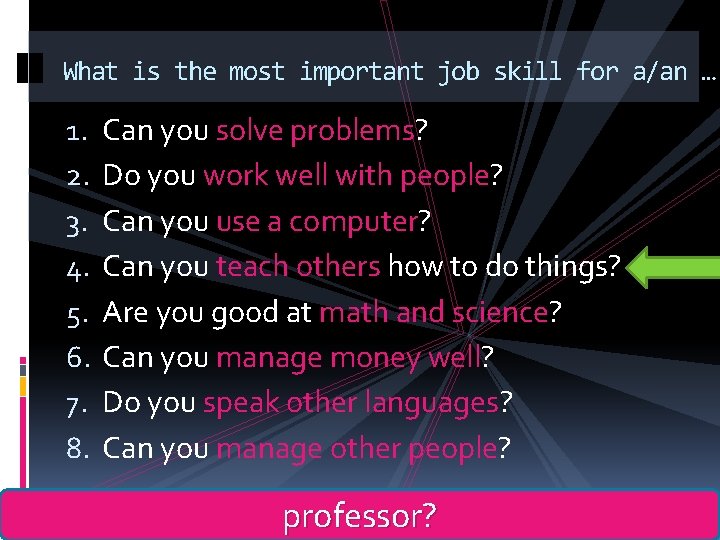 What is the most important job skill for a/an … 1. 2. 3. 4.