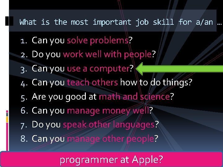 What is the most important job skill for a/an … 1. 2. 3. 4.