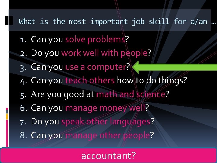 What is the most important job skill for a/an … 1. 2. 3. 4.
