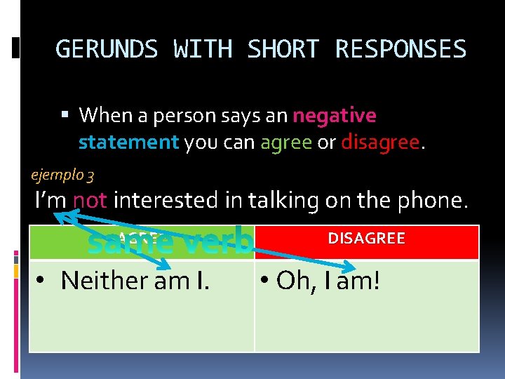 GERUNDS WITH SHORT RESPONSES When a person says an negative statement you can agree