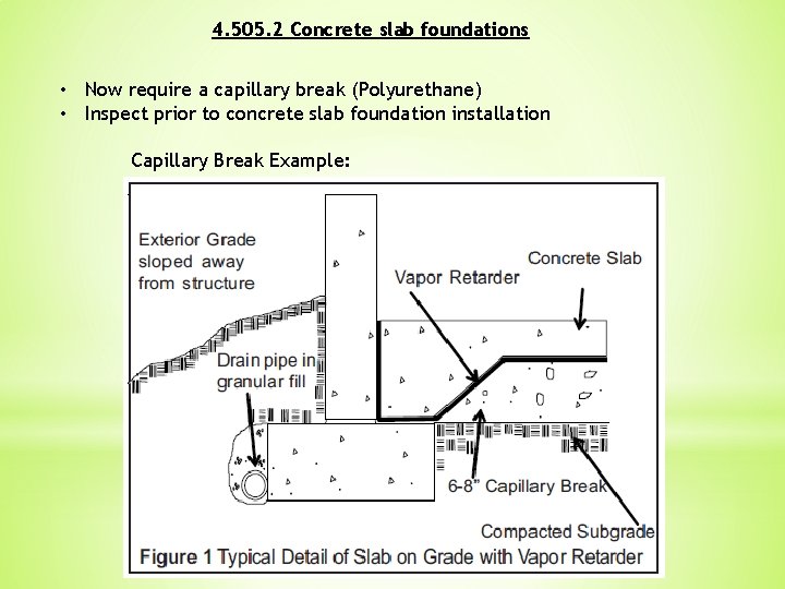 4. 505. 2 Concrete slab foundations • Now require a capillary break (Polyurethane) •
