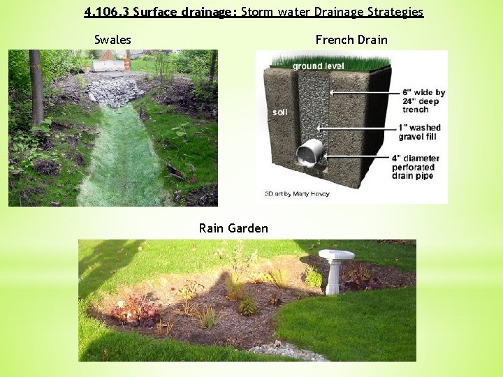 4. 106. 3 Surface drainage: Storm water Drainage Strategies Swales French Drain Rain Garden