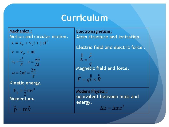 Curriculum Mechanics : Electromagnetism: Motion and circular motion. Atom structure and ionization. Electric field