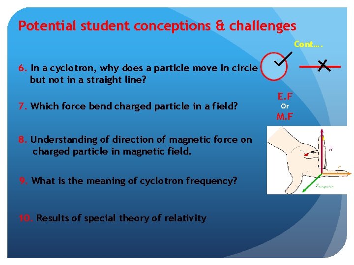 Potential student conceptions & challenges Cont…. 6. In a cyclotron, why does a particle