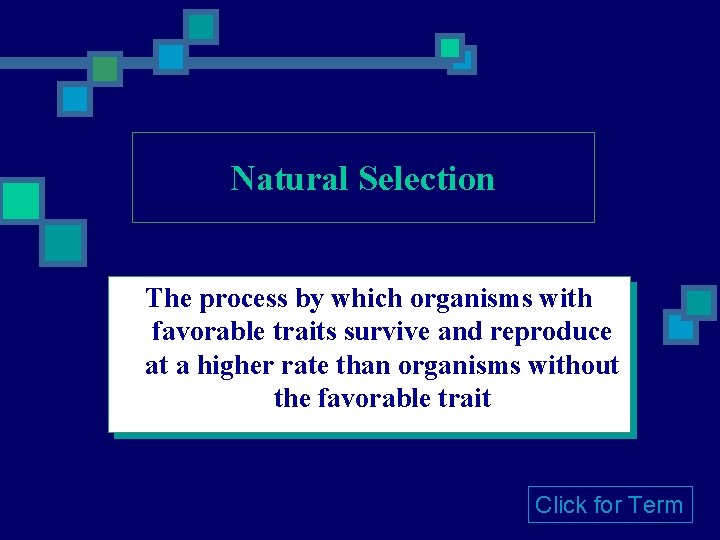 Natural Selection The process by which organisms with favorable traits survive and reproduce at