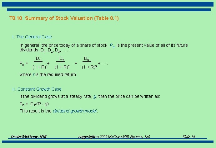 T 8. 10 Summary of Stock Valuation (Table 8. 1) I. The General Case