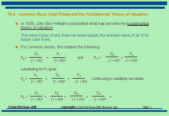 T 8. 2 Common Stock Cash Flows and the Fundamental Theory of Valuation n