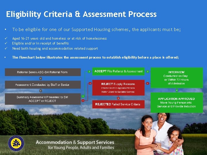 Eligibility Criteria & Assessment Process • To be eligible for one of our Supported