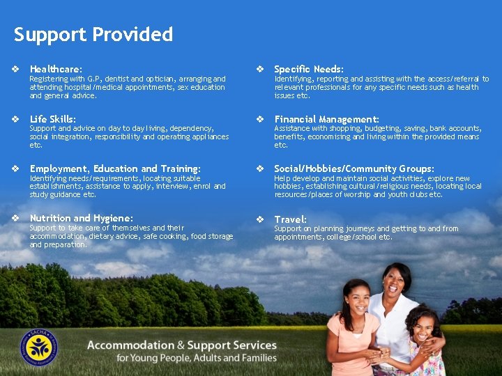 Support Provided v Healthcare: v Specific Needs: v Life Skills: v Financial Management: v