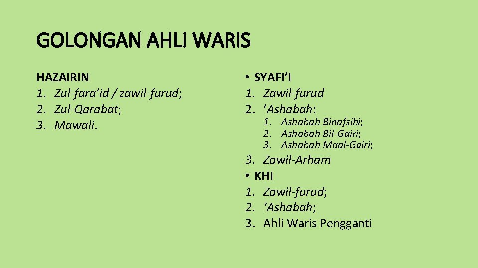 GOLONGAN AHLI WARIS HAZAIRIN 1. Zul-fara’id / zawil-furud; 2. Zul-Qarabat; 3. Mawali. • SYAFI’I
