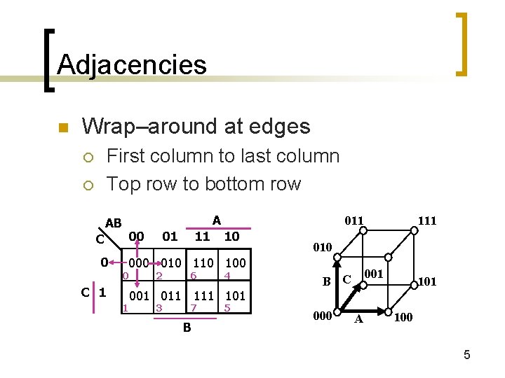 Adjacencies n Wrap–around at edges First column to last column Top row to bottom