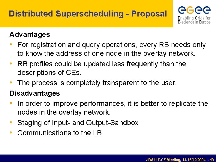 Distributed Superscheduling - Proposal Advantages • For registration and query operations, every RB needs