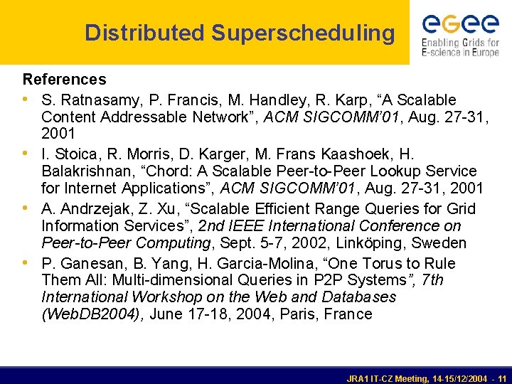 Distributed Superscheduling References • S. Ratnasamy, P. Francis, M. Handley, R. Karp, “A Scalable