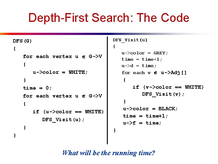 Depth-First Search: The Code DFS(G) { for each vertex u G->V { u->color =