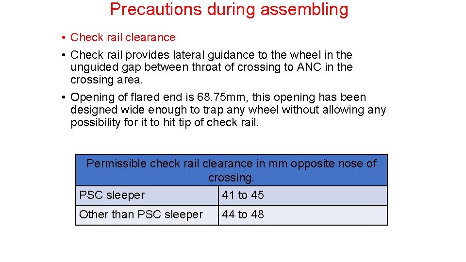 Precautions during assembling • Check rail clearance • Check rail provides lateral guidance to