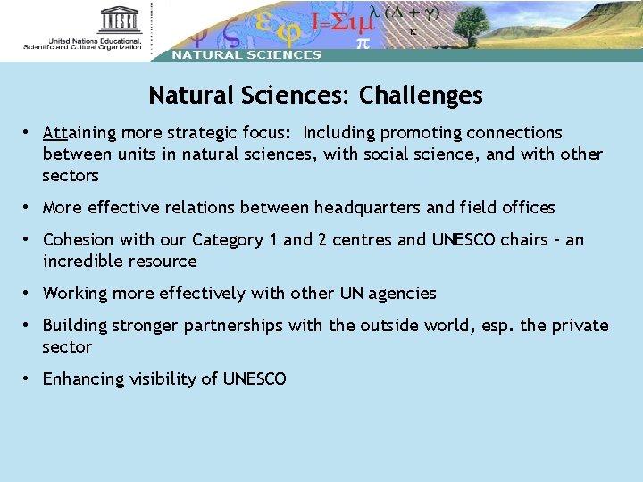 Natural Sciences: Challenges • Attaining more strategic focus: Including promoting connections between units in