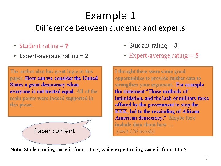 Example 1 Difference between students and experts • Student rating = 7 • Expert-average