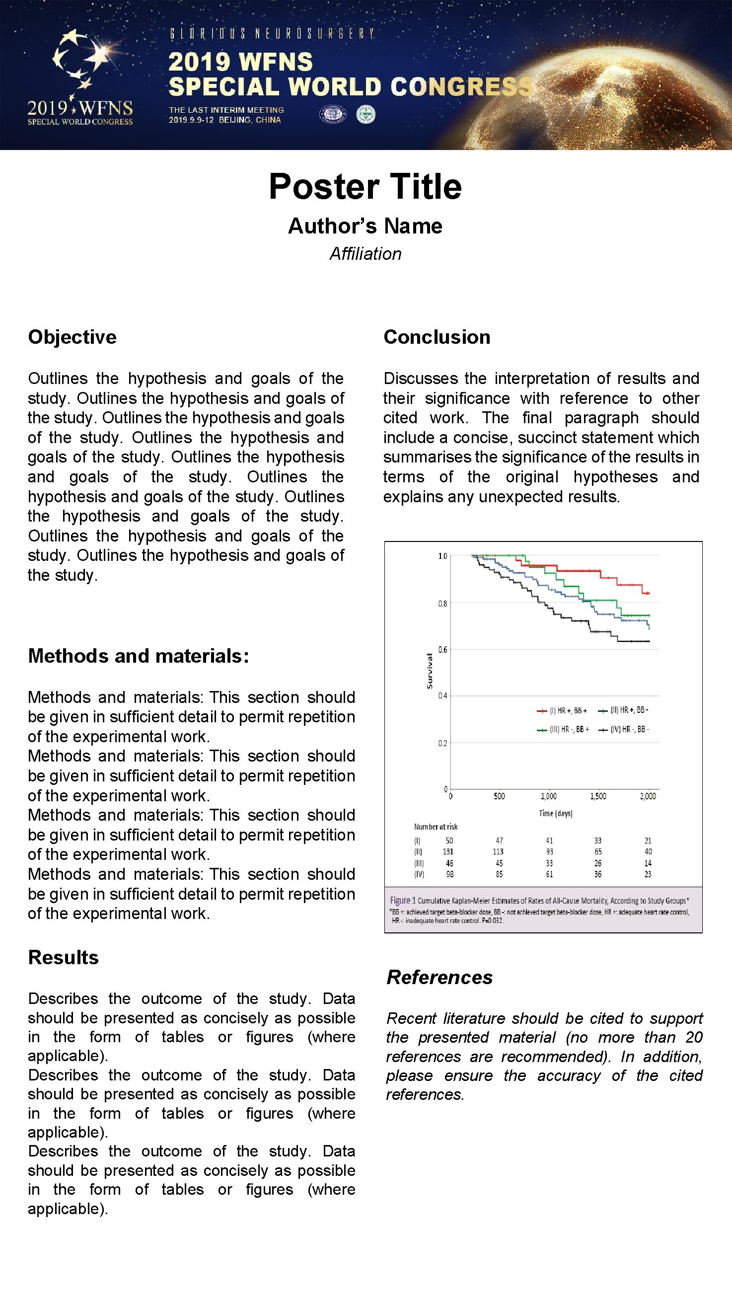 Poster Title Author’s Name Affiliation Objective Conclusion Outlines the hypothesis and goals of the
