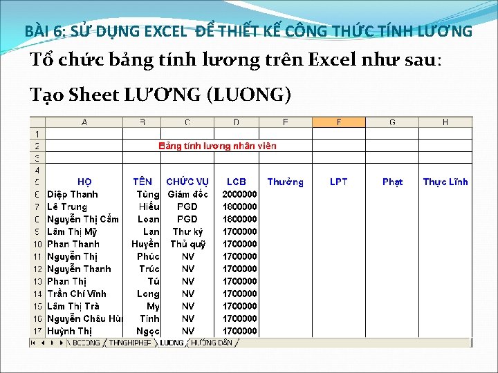 BÀI 6: SỬ DỤNG EXCEL ĐỂ THIẾT KẾ CÔNG THỨC TÍNH LƯƠNG Tổ chức