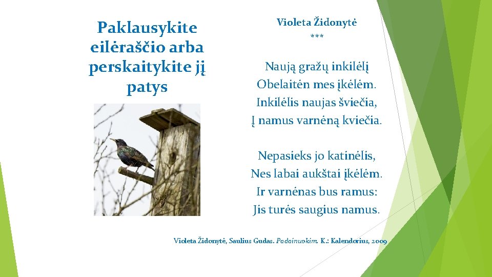 Paklausykite eilėraščio arba perskaitykite jį patys Violeta Židonytė *** Naują gražų inkilėlį Obelaitėn mes