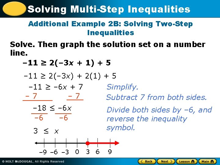 Solving Multi-Step Inequalities Additional Example 2 B: Solving Two-Step Inequalities Solve. Then graph the