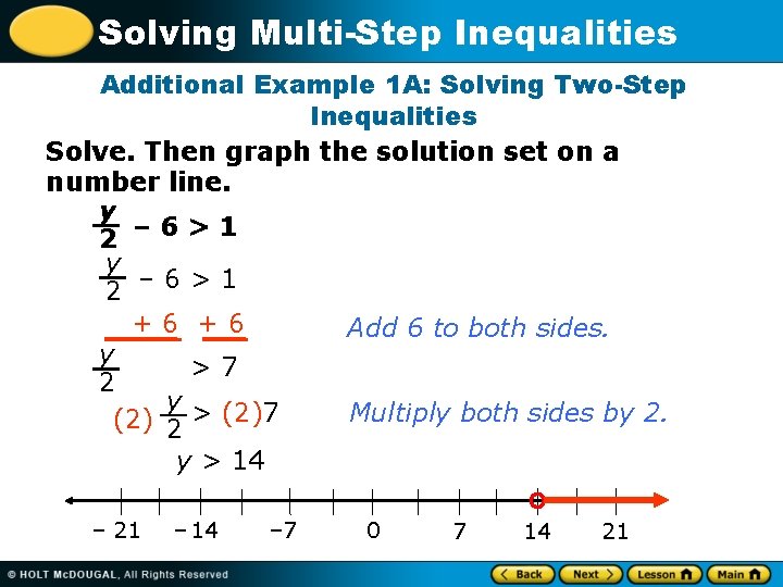 Solving Multi-Step Inequalities Additional Example 1 A: Solving Two-Step Inequalities Solve. Then graph the