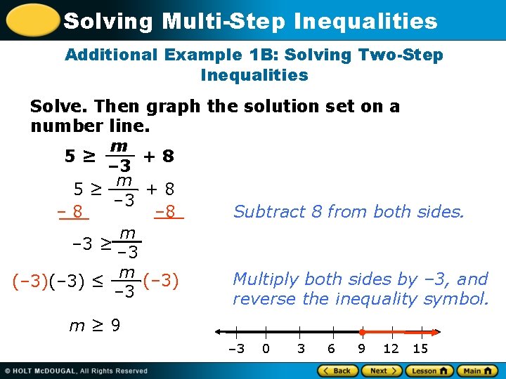 Solving Multi-Step Inequalities Additional Example 1 B: Solving Two-Step Inequalities Solve. Then graph the