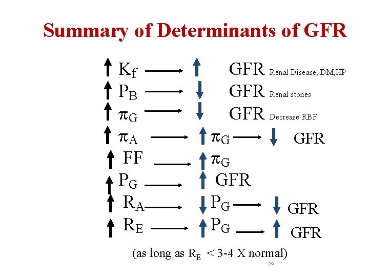 Summary of Determinants of GFR Kf PB G A FF PG RA RE GFR