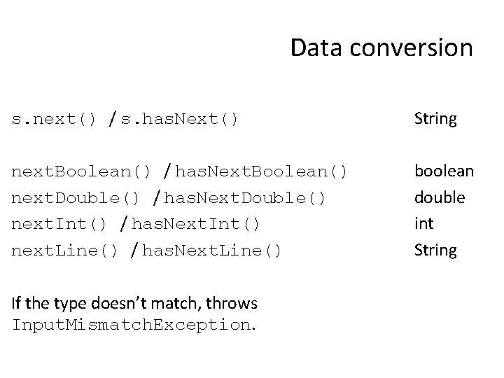 Data conversion s. next() / s. has. Next() String next. Boolean() / has. Next.