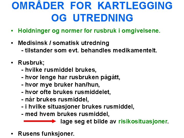 OMRÅDER FOR KARTLEGGING OG UTREDNING • Holdninger og normer for rusbruk i omgivelsene. •