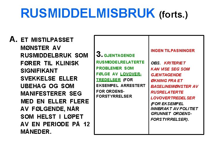 RUSMIDDELMISBRUK (forts. ) A. ET MISTILPASSET MØNSTER AV RUSMIDDELBRUK SOM FØRER TIL KLINISK SIGNIFIKANT