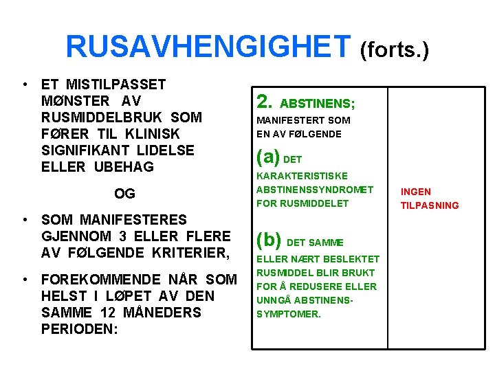 RUSAVHENGIGHET (forts. ) • ET MISTILPASSET MØNSTER AV RUSMIDDELBRUK SOM FØRER TIL KLINISK SIGNIFIKANT