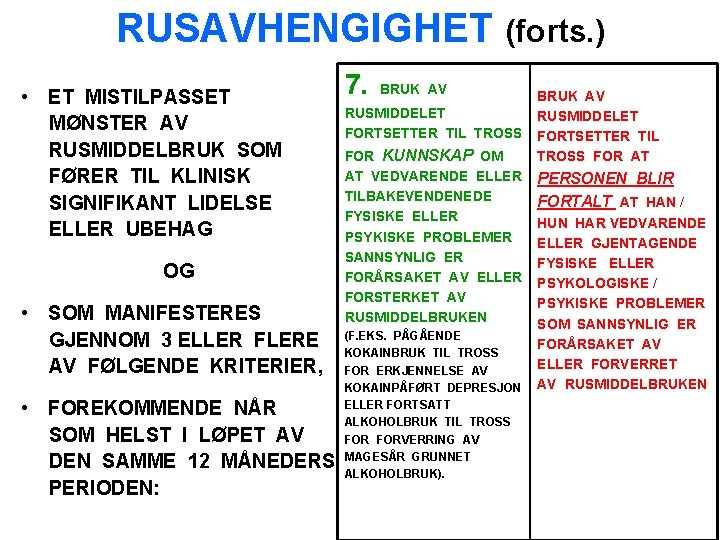 RUSAVHENGIGHET (forts. ) • ET MISTILPASSET MØNSTER AV RUSMIDDELBRUK SOM FØRER TIL KLINISK SIGNIFIKANT