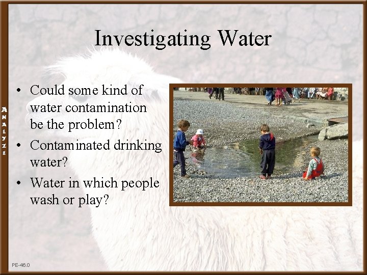 Investigating Water • Could some kind of water contamination be the problem? • Contaminated