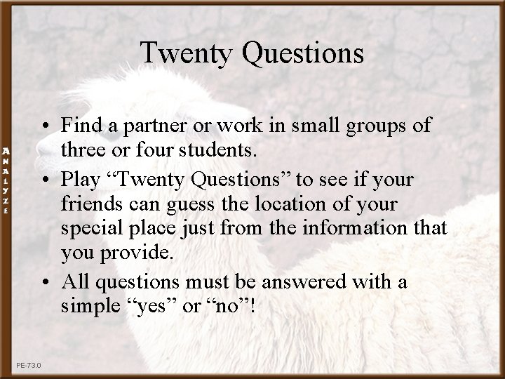 Twenty Questions • Find a partner or work in small groups of three or