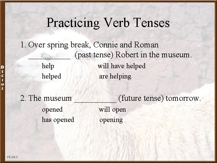 Practicing Verb Tenses 1. Over spring break, Connie and Roman _____ (past tense) Robert