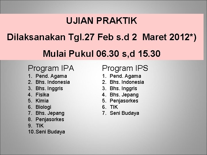 UJIAN PRAKTIK Dilaksanakan Tgl. 27 Feb s. d 2 Maret 2012*) Mulai Pukul 06.