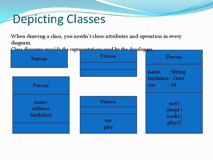 Depicting Classes When drawing a class, you needn’t show attributes and operation in every Depicting Classes When drawing a class, you needn’t show attributes and operation in every